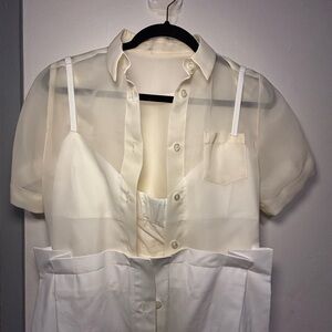 Sheer Ivory Button-Up Blouse with Built-In Cami